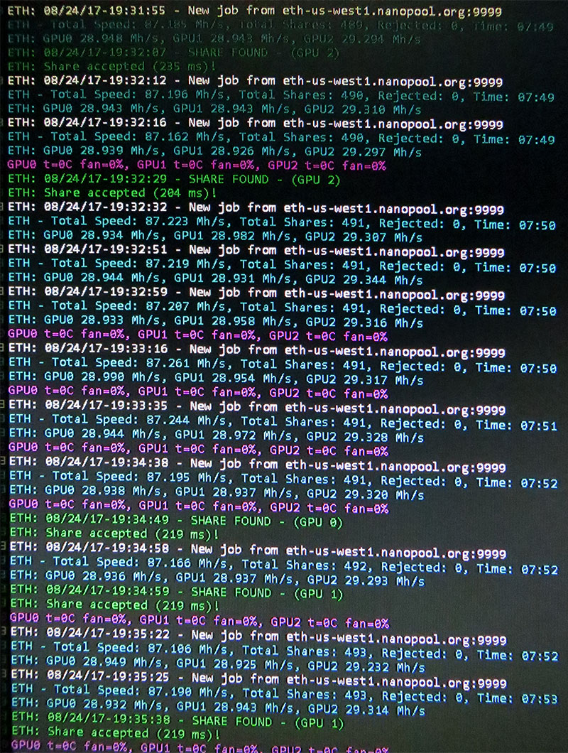 CryptoScythe v0.2 with 3 RX580s mining Ethereum at 87 Mh/s