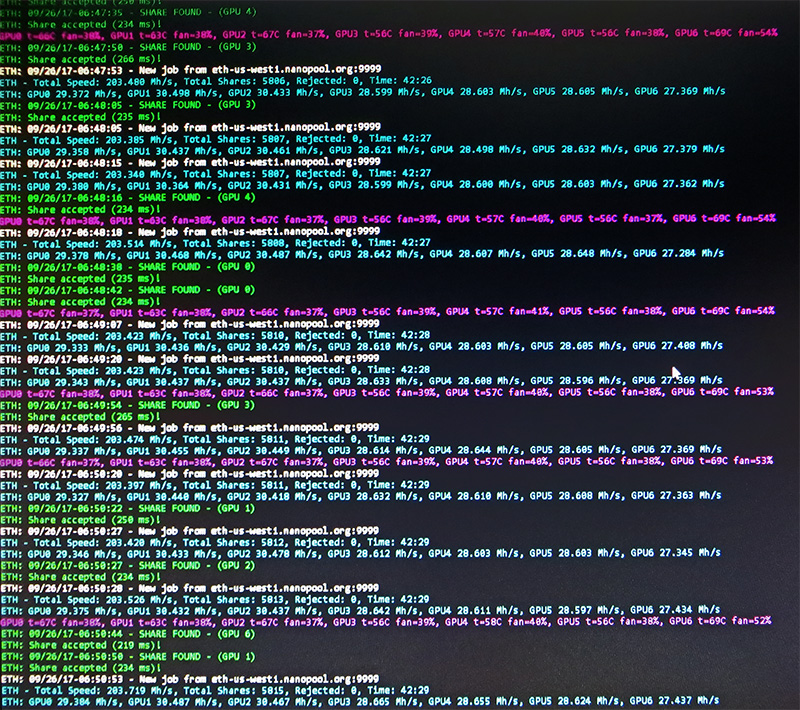 CryptoScythe v0.2 7-GPU AMD miner hashing 203 mh/s